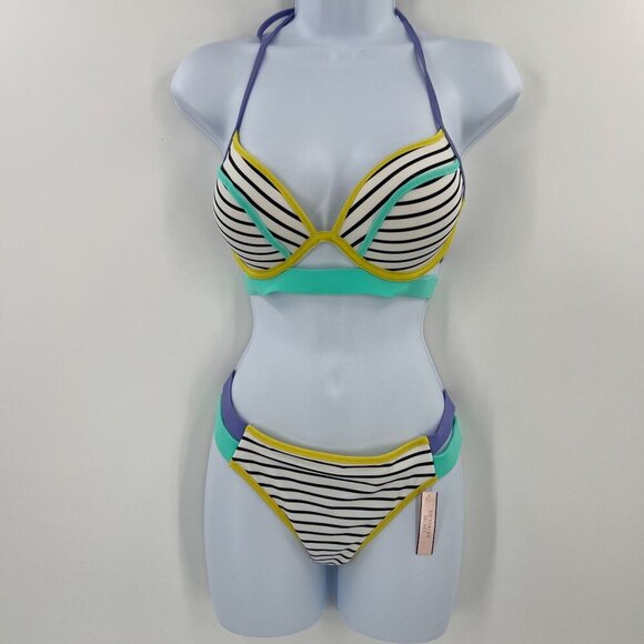 NWT VS Swim Hottie Set 32D M Push Up Bikini Black Stripe Neon Colorblock Itsy - Picture 1 of 14